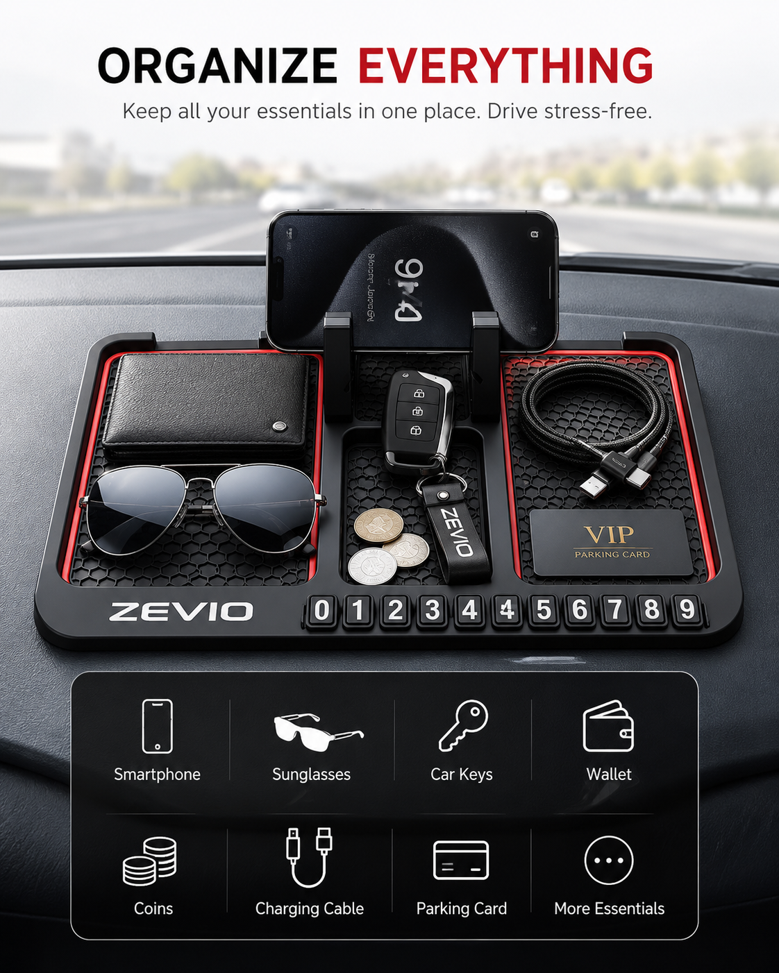 Zevio Grip Mat — Phone Holder & Car Organizer