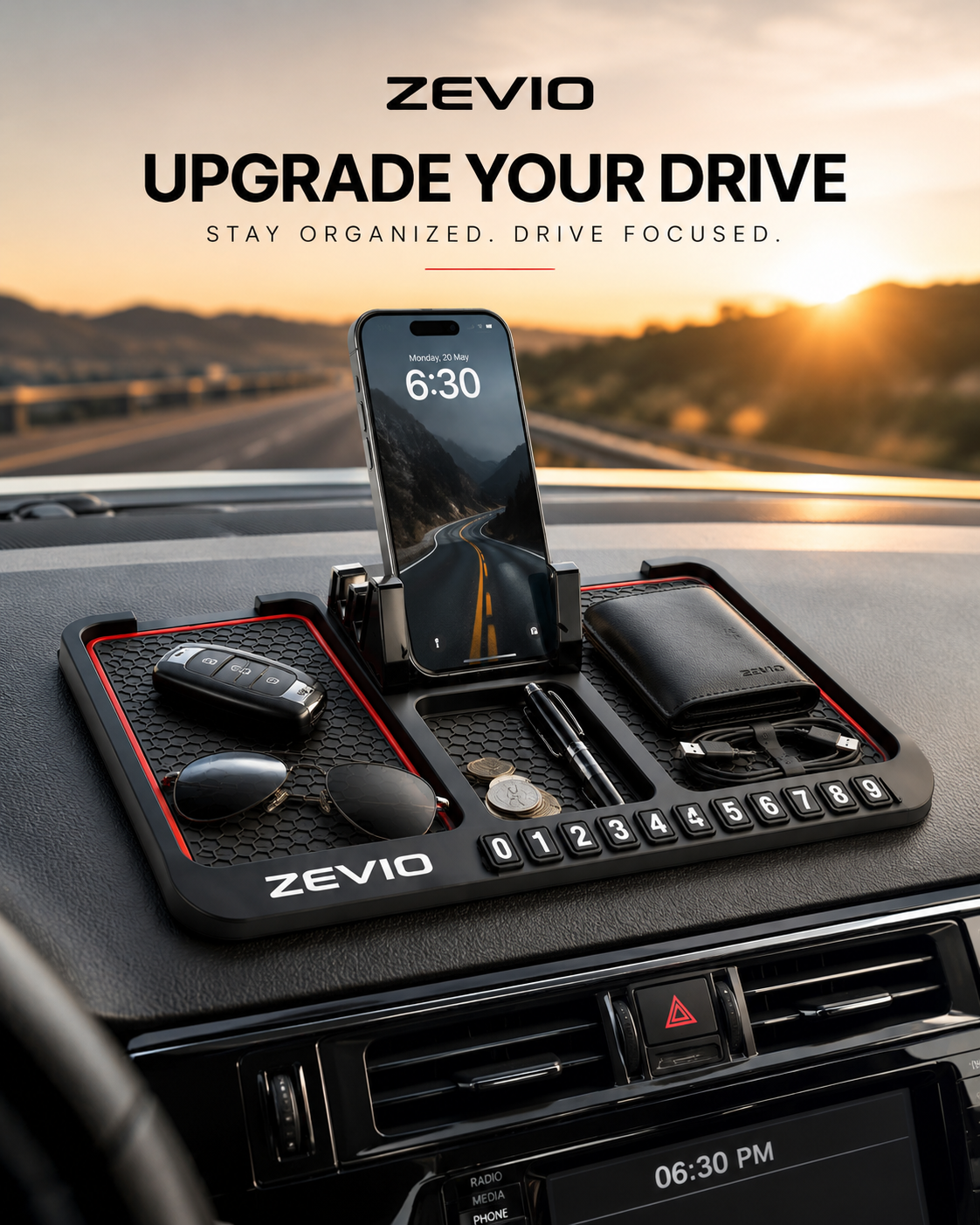 Zevio Grip Mat — Phone Holder & Car Organizer
